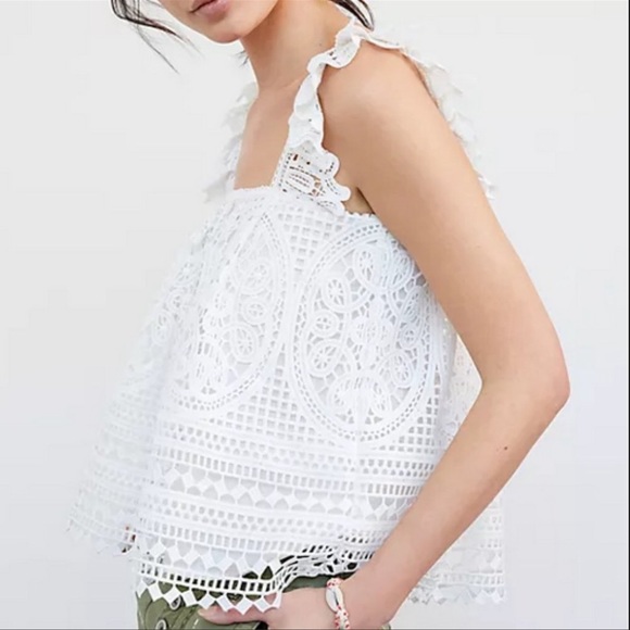 Anthropologie White Ruffled Embroidered Lace Tank Top Shirt - Picture 2 of 6